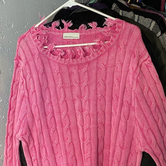 Zenana Outfitters Frayed Pink Cable Knit Sweater - Picture 1 of 3